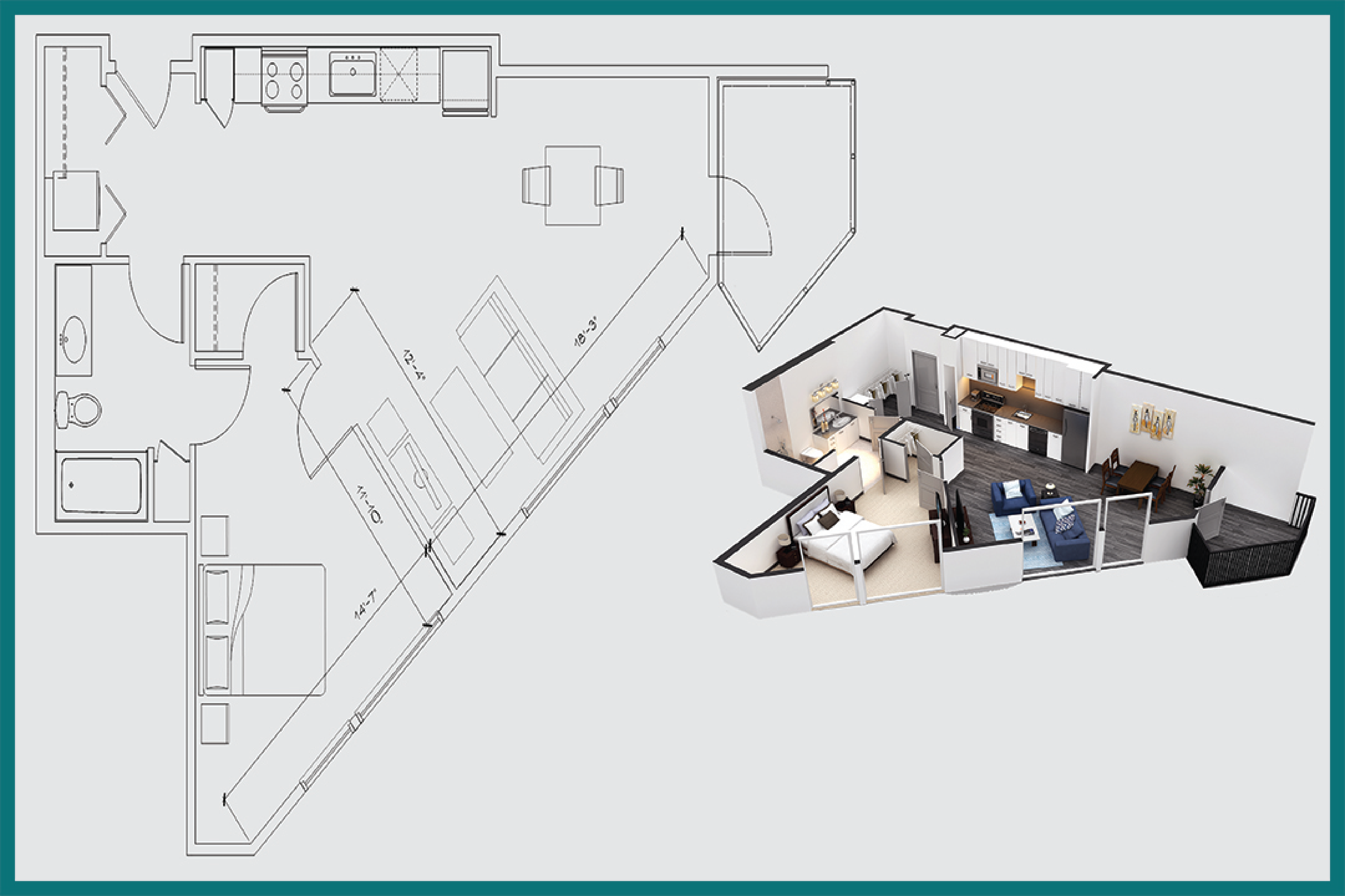 Floor plan for 1 bed, 1 bath, 757 sqft